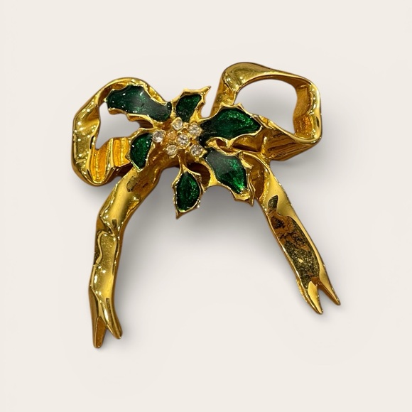Jewelry - Goldtone Christmas Ribbon Green Holly Leaves White Rhinestone Flowers Vintage